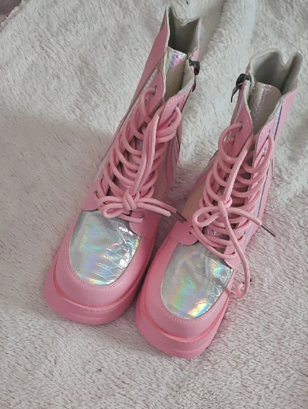 Pink Platform Lace-Up Boots with Holographic Accents